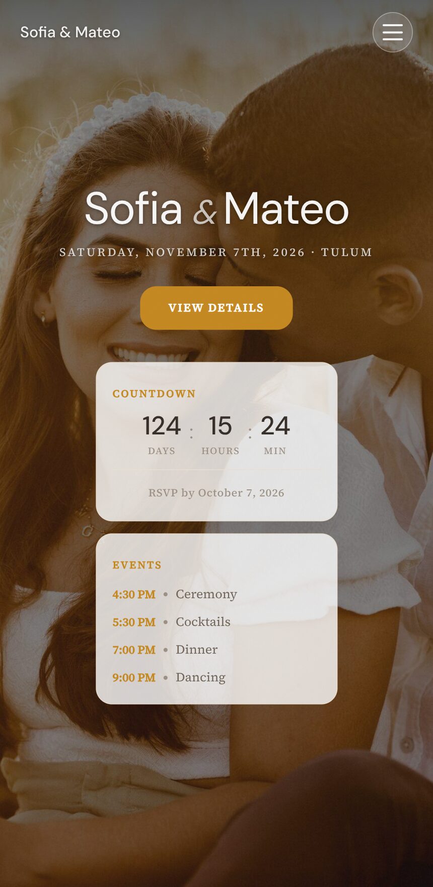 Celebration template — champagne-toned page with framed photo and events timeline
