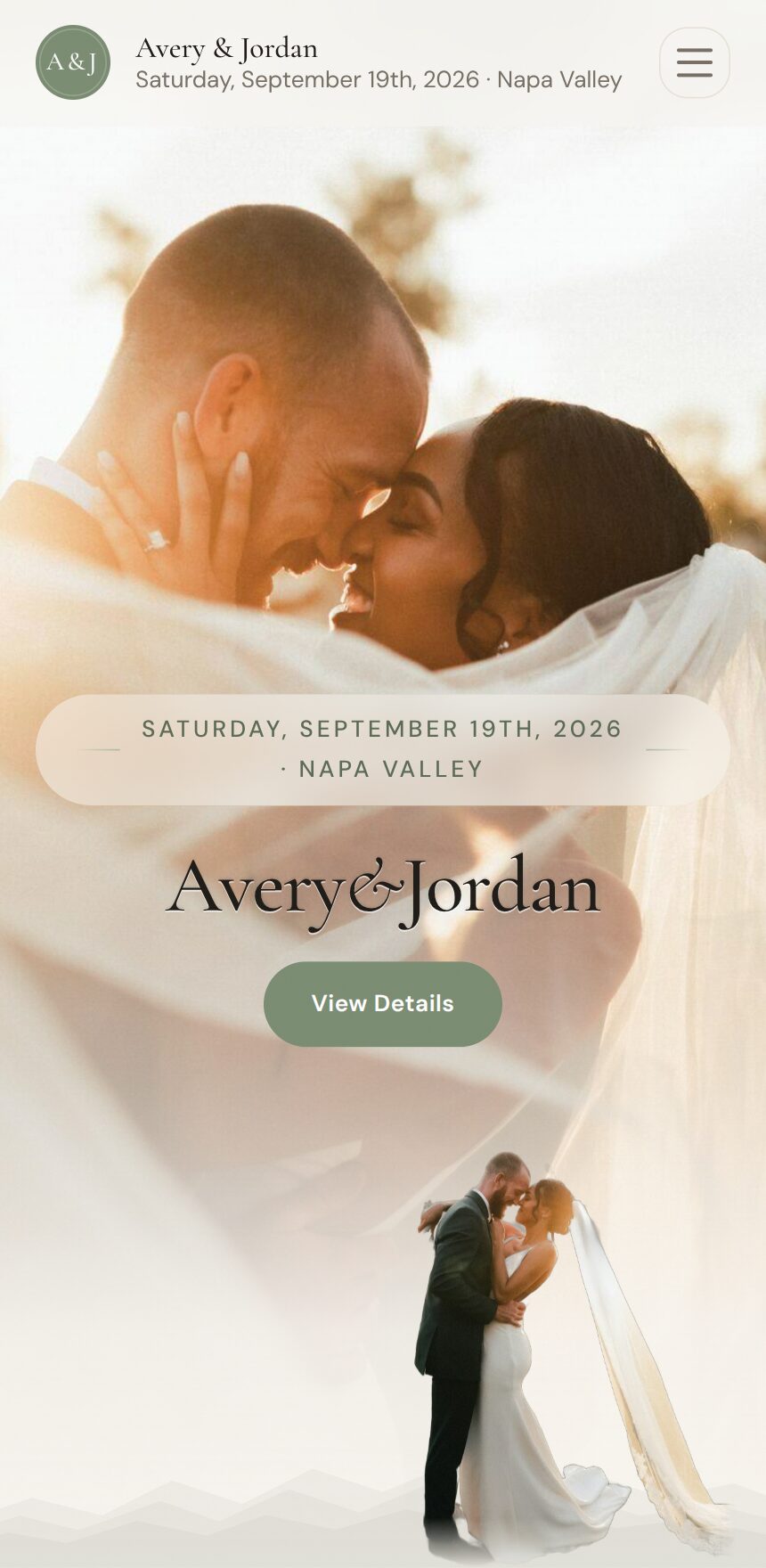 Wedding Cinematic template — full-bleed ceremony photo behind the couple's names