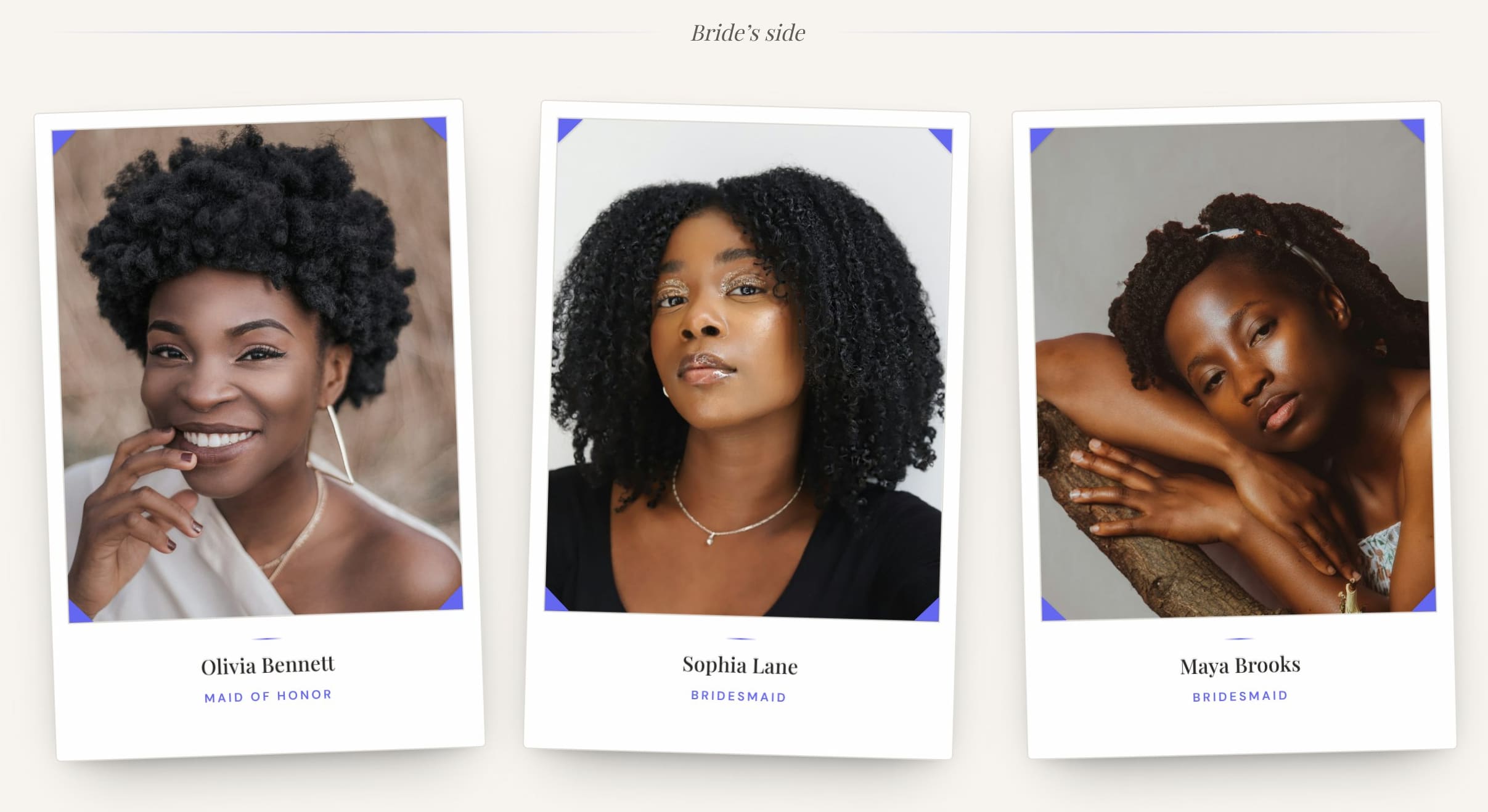 Wedding party section — couture polaroid portraits of the bridal party with names and roles