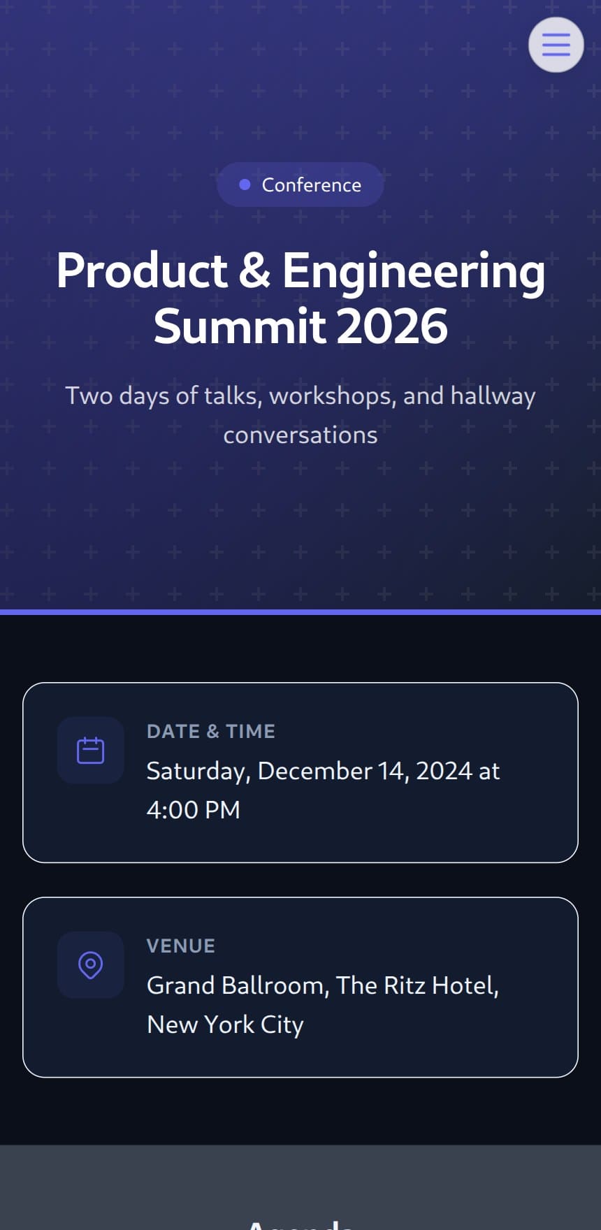 Conference template hero with date, time, and venue cards