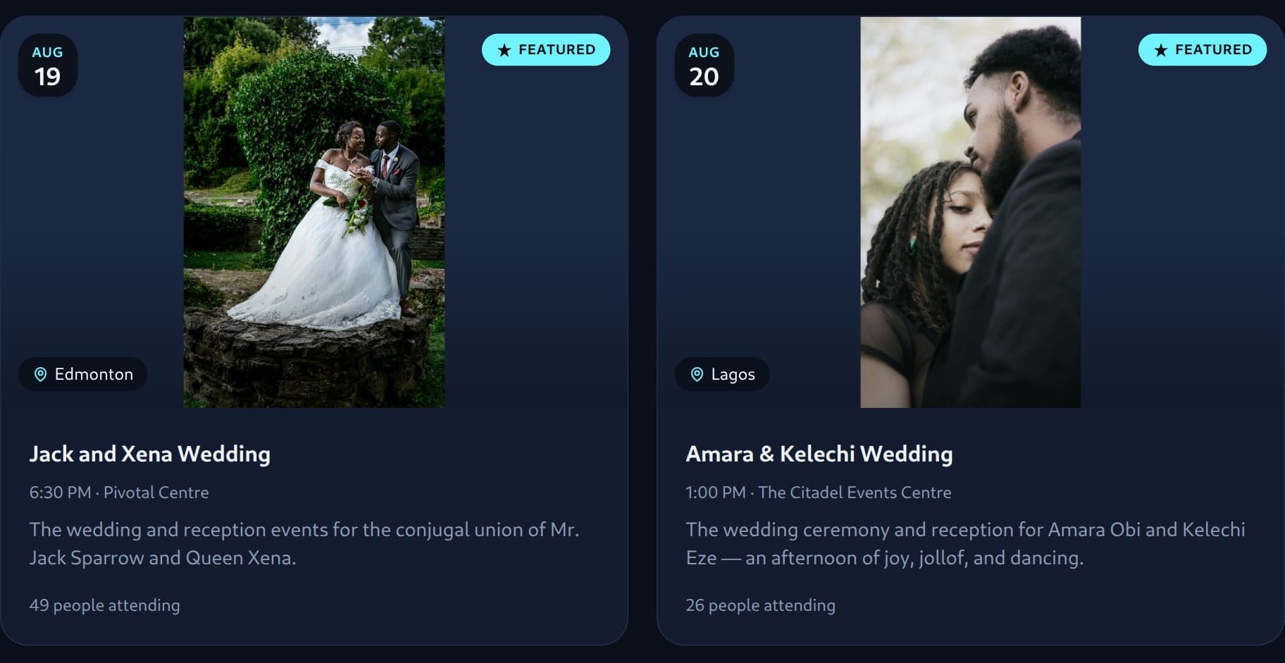 EventFXr discovery page showing featured event cards with dates and cities